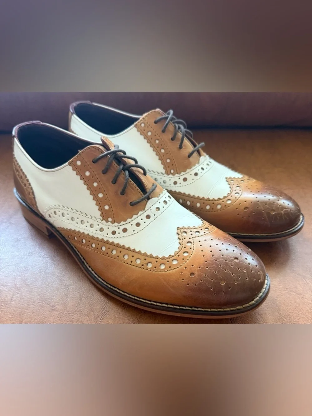 London Brogues Gatsby Tan White Wingtip Oxford Shoes Mens 8 EU 42